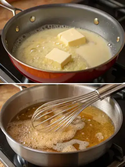 A visual representation of the steps to make homemade gravy, including melting butter, making roux, adding stock, and simmering the gravy in a cozy kitchen setting.