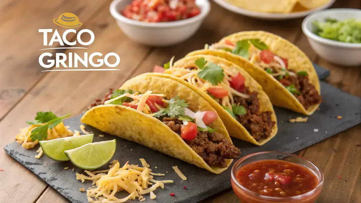 Delicious Taco Gringo with seasoned beef and fresh toppings on a wooden table.
