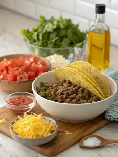 Colorful ingredients for Taco Gringo displayed on a kitchen table.