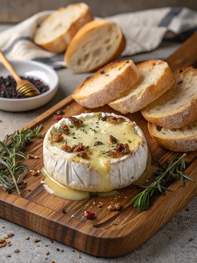 Baked brie with melted center topped with herbs and nuts, served with sliced baguette on a wooden board.