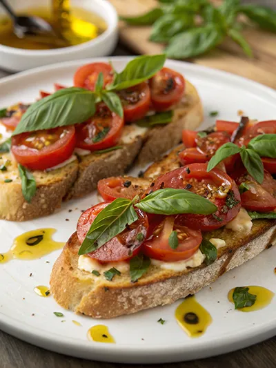 Tomato basil bruschetta on toasted bread with olive oil drizzle on a white plate.