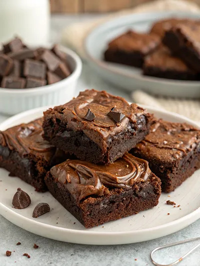 Fudgy chocolate brownies with swirled frosting and chocolate chunks on a white plate.