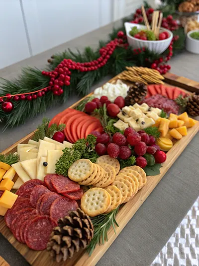 Christmas charcuterie board with cheeses, salami, crackers, grapes, and festive greenery on a table.