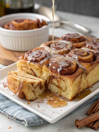 Cinnamon roll French toast bake topped with icing, with a slice cut and glaze pouring over the pan.