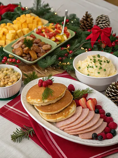 Cozy Christmas Eve breakfast table with cinnamon roll French toast, pancakes, granola and hot chocolate
