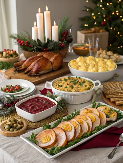 Christmas brunch table with smoked salmon bagels, spinach quiche, baked eggs, fruit salad and mini croissants