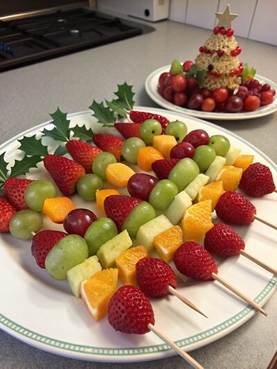 Fruit kabobs with strawberries, grapes, pineapple, and orange pieces arranged on a plate with holiday decor.