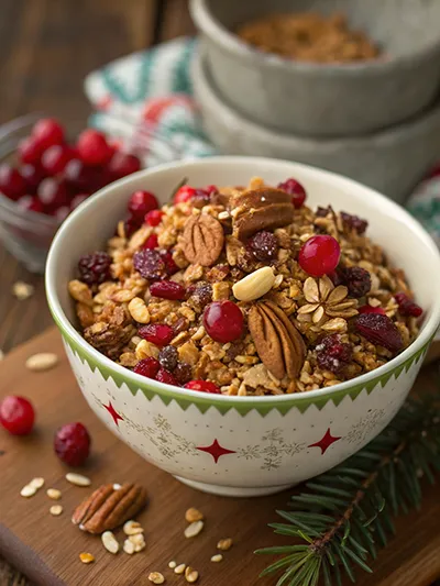 Festive bowl of granola with cranberries, pecans, and almonds on a wooden surface with holiday accents.