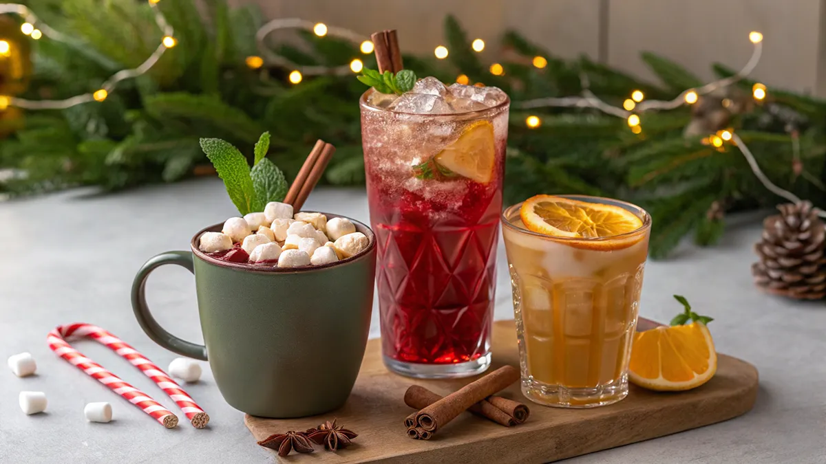 christmas mocktails drink station with hot chocolate, spiced apple cider, cranberry mocktail and iced peppermint latte
