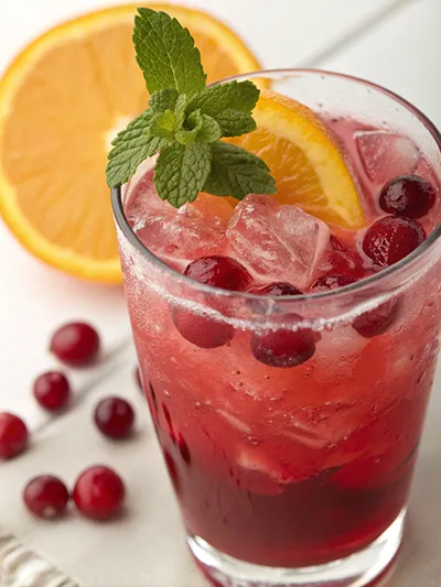 Cranberry cocktail with ice, fresh cranberries, orange slice, and mint in a glass.