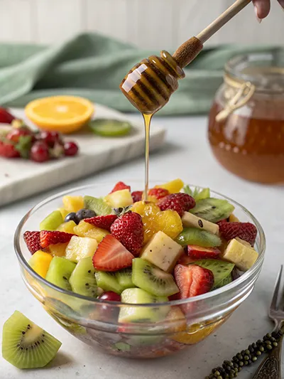 Fresh fruit salad in a glass bowl as honey drizzles from a honey dipper above.