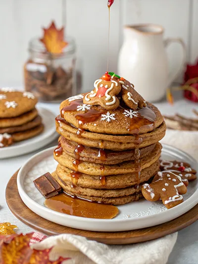 Stack of gingerbread pancakes with syrup drizzle and decorated gingerbread cookies on top.