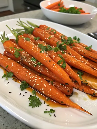 Honey-glazed roasted carrots topped with herbs and sesame seeds on a white platter.
