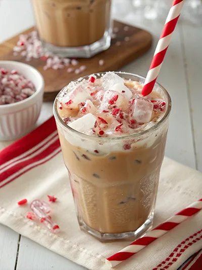 Iced peppermint latte topped with whipped cream and crushed candy canes, served with a striped straw.