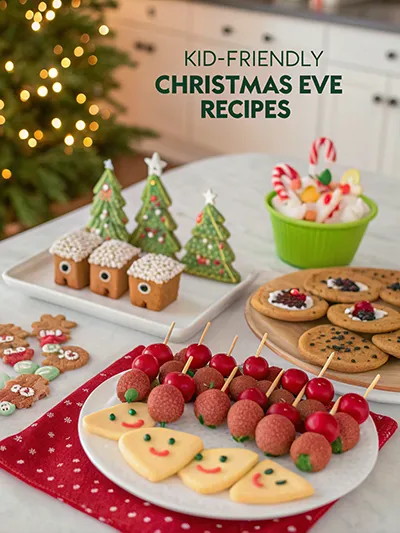 Kid friendly Christmas snacks with pizza faces, reindeer rice krispies treats, fruit kabobs, sugar cookies and puff pastry hot dogs