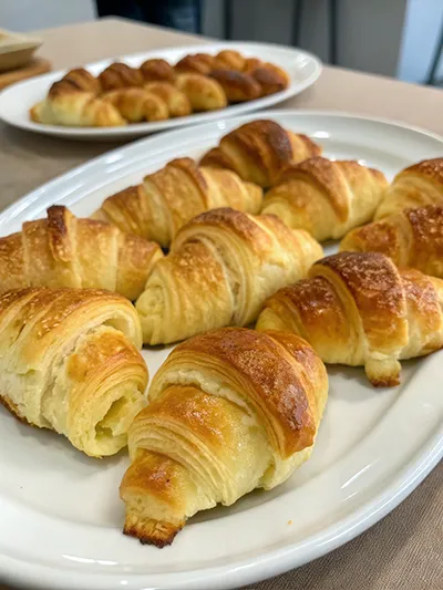 Platter of mini croissants with flaky layers on a white serving plate.