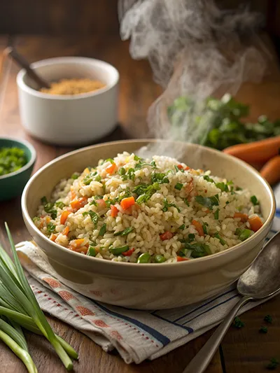 Bowl of rice stuffing with vegetables and herbs, steaming on a rustic table.
