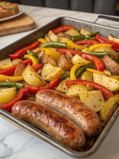 Sheet pan sausage with roasted potatoes and sliced red, yellow, and green peppers.