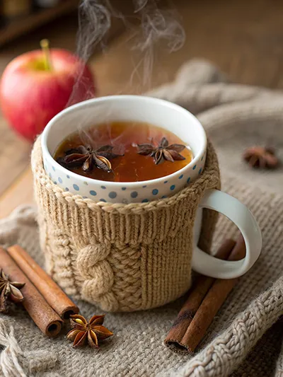 Steaming mug of spiced apple cider with star anise and cinnamon sticks on a cozy table.