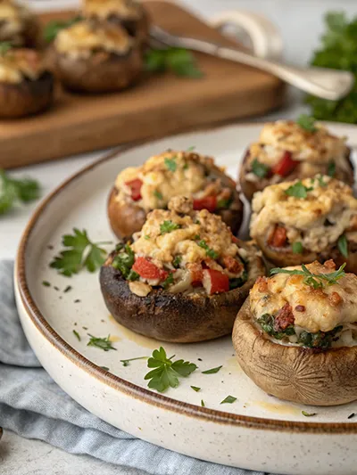 Baked stuffed mushrooms filled with a savory mixture and melted cheese on a plate.