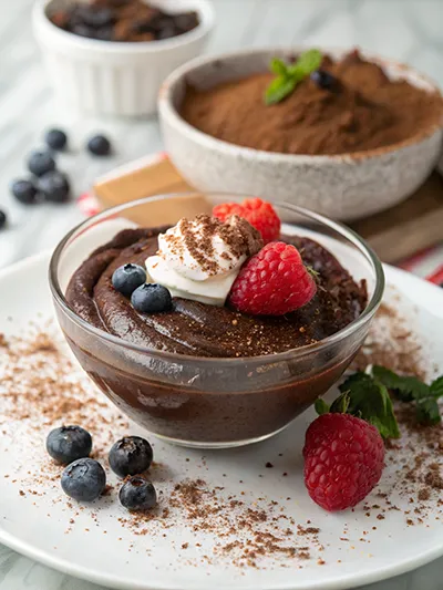 Vegan chocolate mousse topped with whipped cream and fresh berries in a glass bowl.