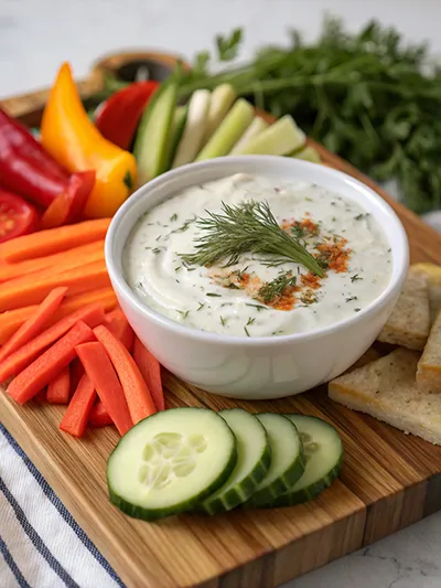 Creamy herb yogurt dip surrounded by sliced vegetables and pita chips on a wooden board.