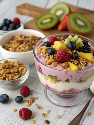 Yogurt parfait in a glass layered with berries, granola, and fruit, topped with blueberries and raspberries.