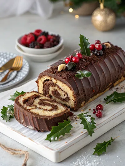 Chocolate yule log cake with a sliced piece showing the swirl, decorated with berries and holly.