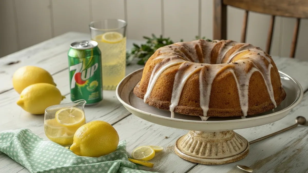 7Up Bundt cake with lemon glaze on a cake stand surrounded by fresh lemons and a can of 7Up