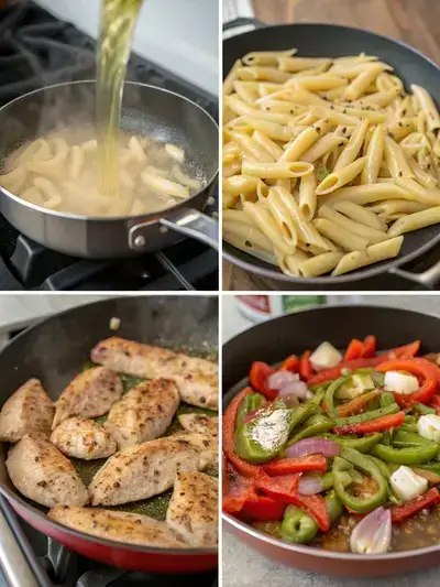Step-by-step preparation of Cajun Chicken and Sausage Pasta, showcasing boiling pasta, sizzling chicken, and colorful vegetables in a creamy sauce.