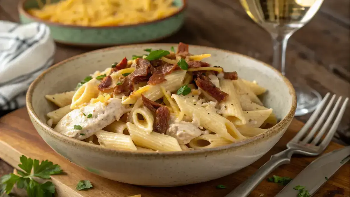 A bowl of crack chicken penne pasta topped with parsley and served with a glass of white wine.