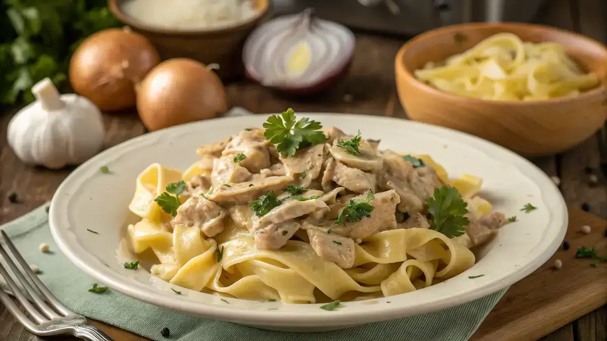 Delicious Slow Cooker Chicken Stroganoff served over egg noodles with fresh parsley garnish.