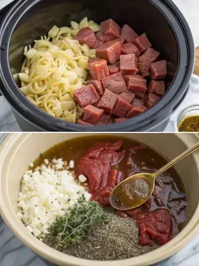 Step-by-step preparation of Crock Pot Beef and Noodles, showcasing ingredients and cooking process.