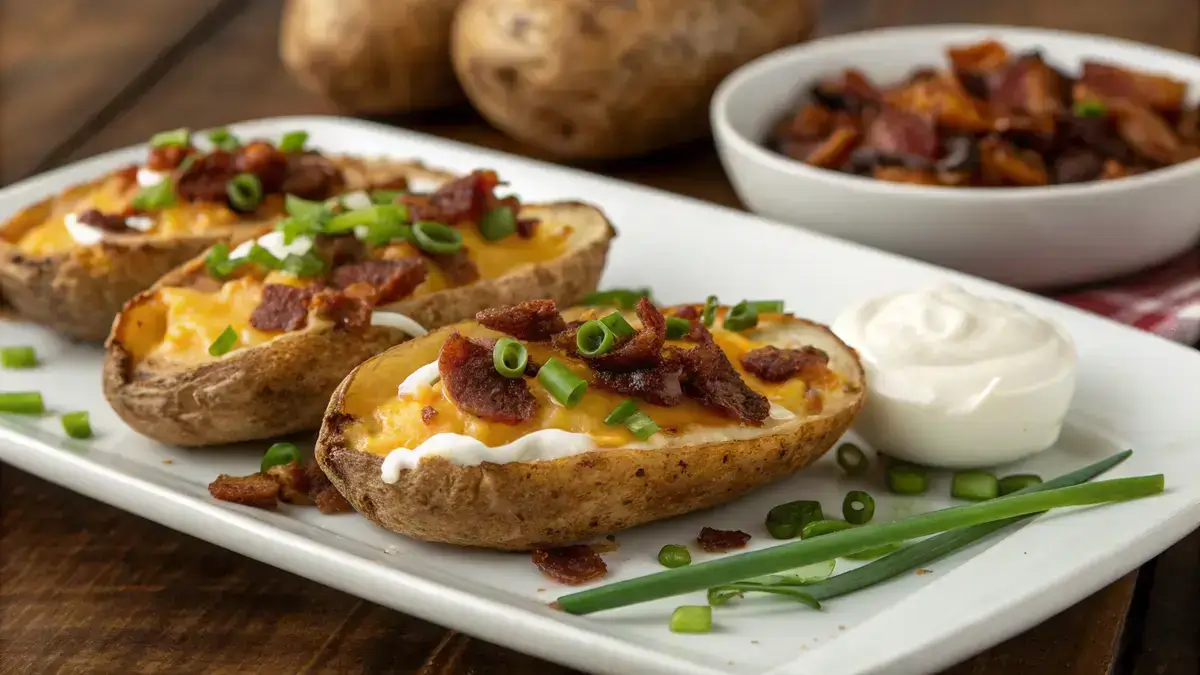 Plate of crispy Baked Potato Skins topped with cheese and bacon, served with sour cream.