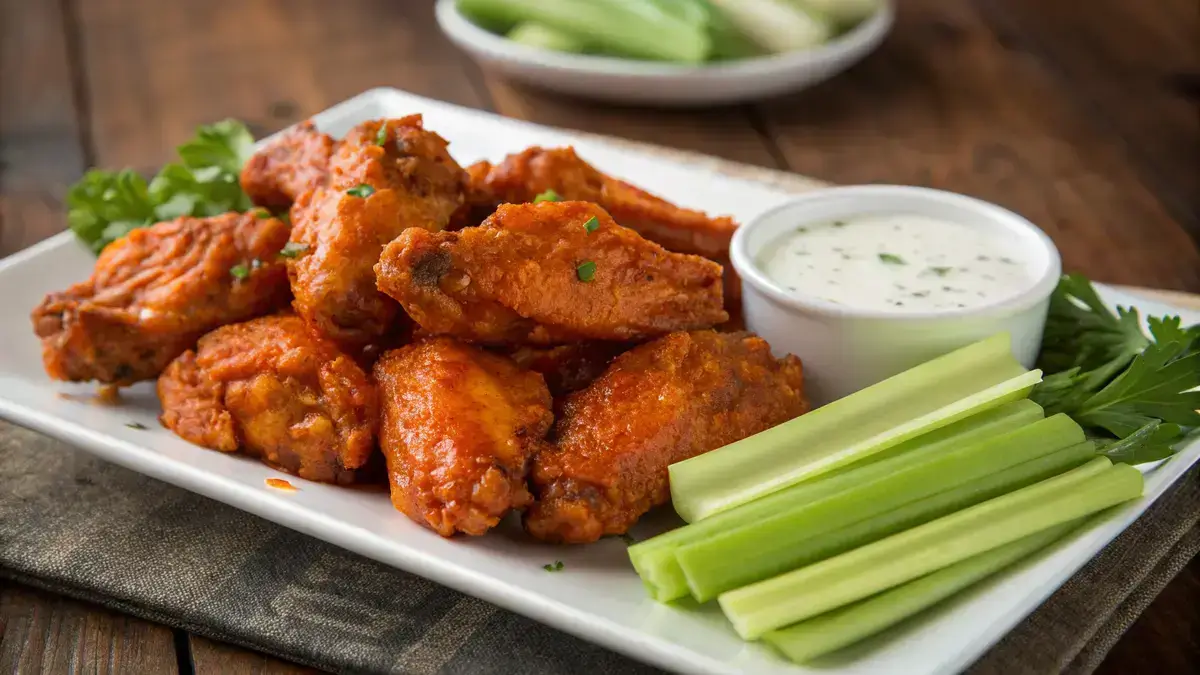 A plate of crispy Buffalo Chicken wings with celery sticks and ranch dressing.