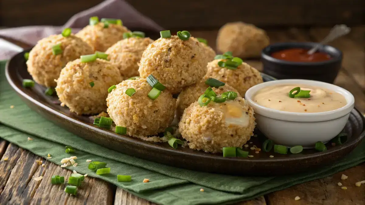 A close-up of cheese ball bites coated in crushed crackers on a wooden platter.