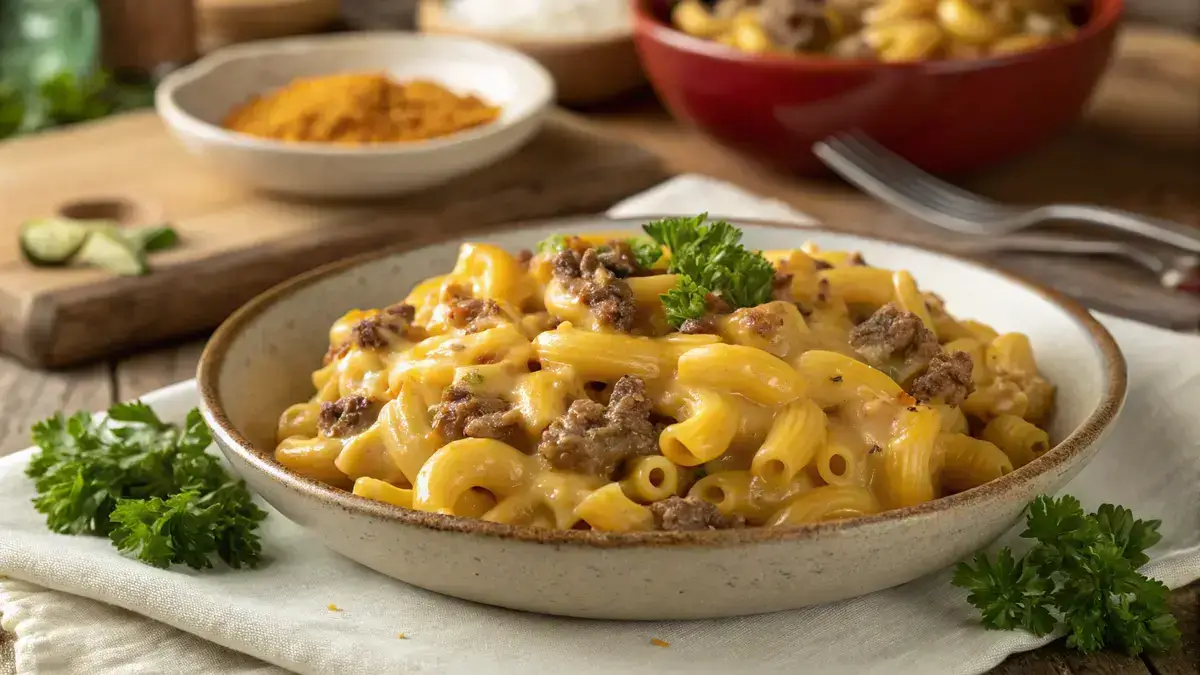 A bowl of cheeseburger macaroni topped with parsley, showcasing creamy cheese and ground beef.