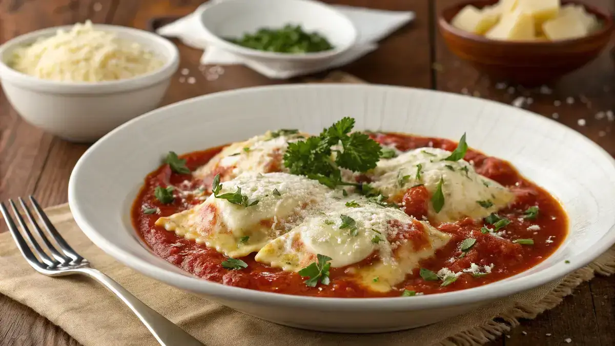 A plate of cheesy ravioli with marinara sauce and ricotta topping, garnished with parsley.
