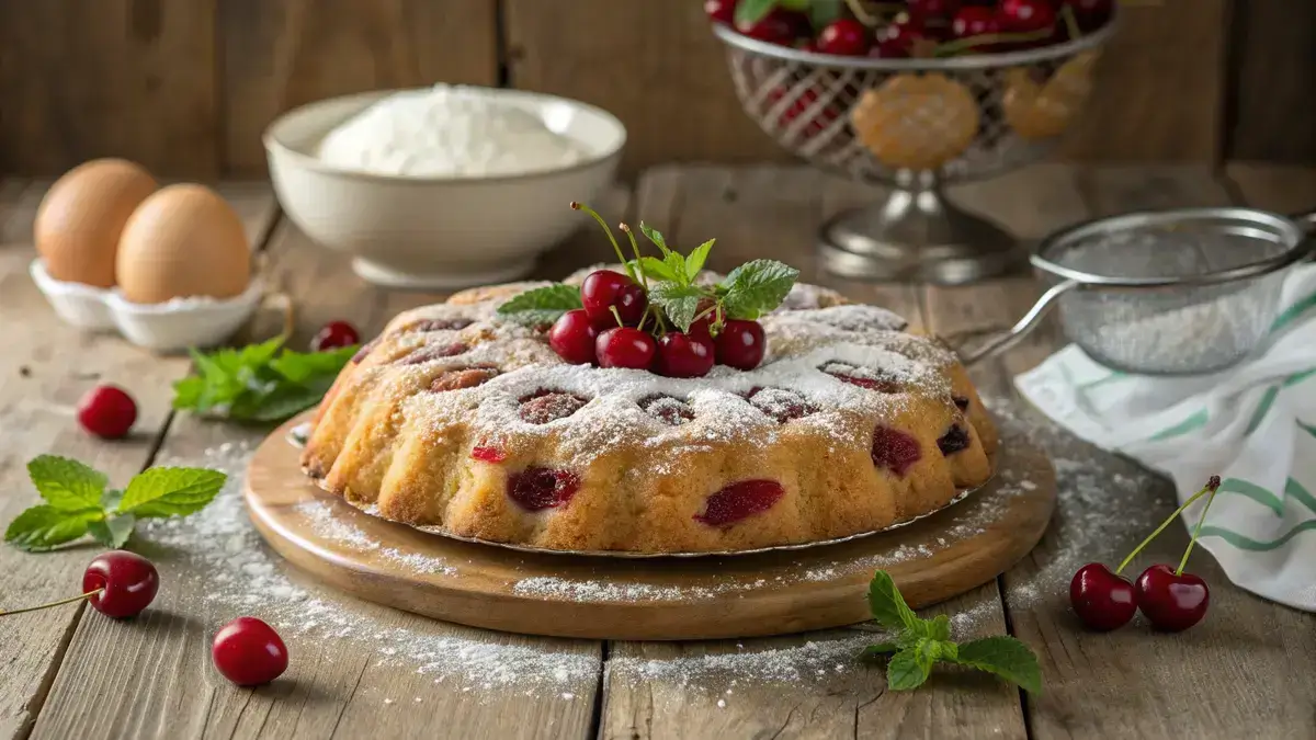 A freshly baked cherry cake with cherries on top, displayed on a wooden table.