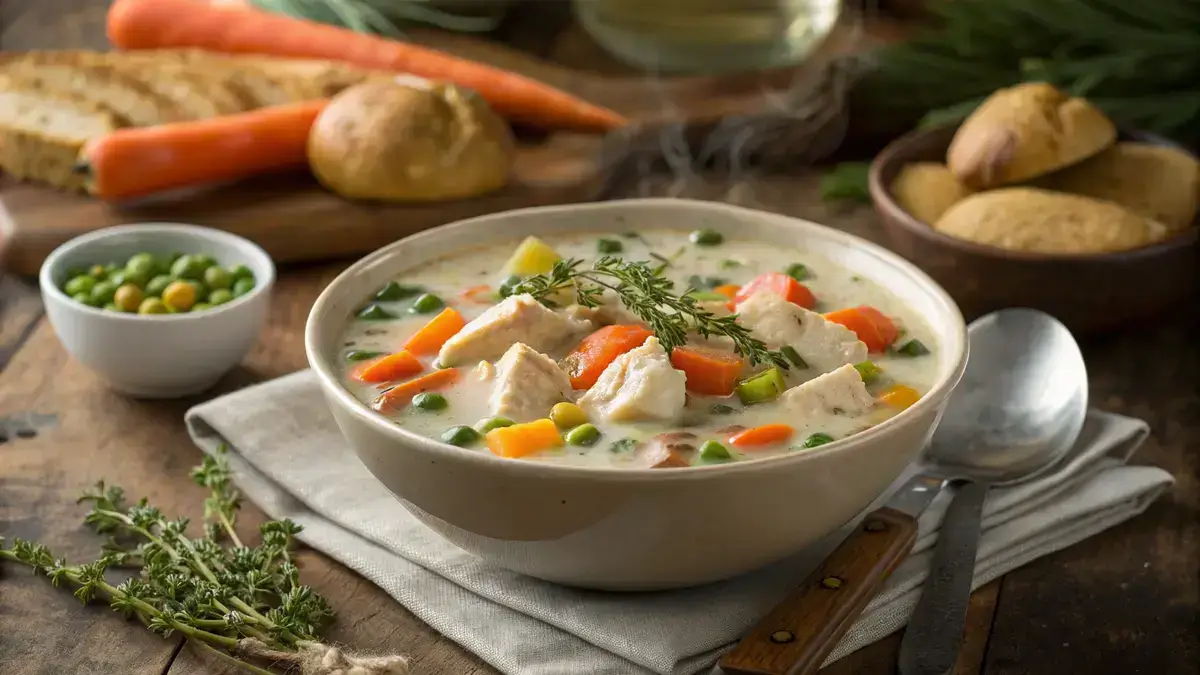 Chicken pot pie soup with vegetables and thyme