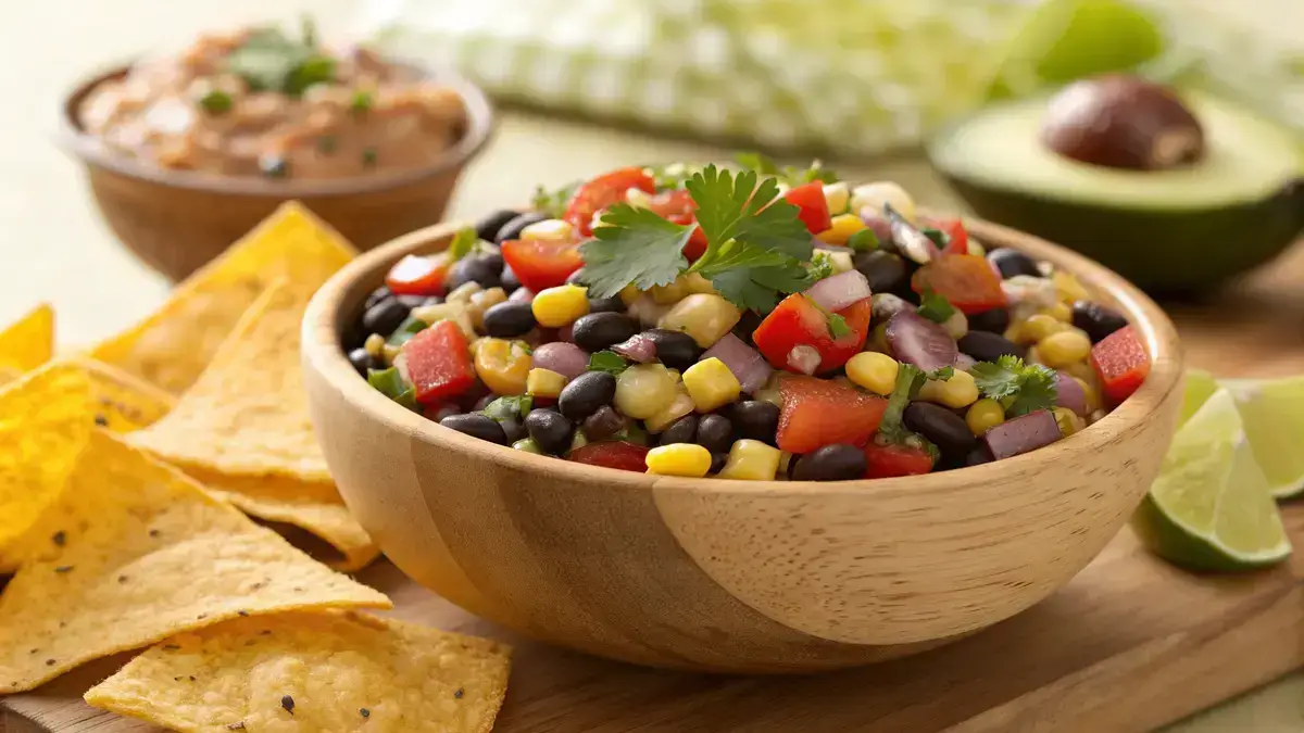 A bowl of Cowboy Caviar Dip with tortilla chips on the side, showcasing colorful vegetables and beans.
