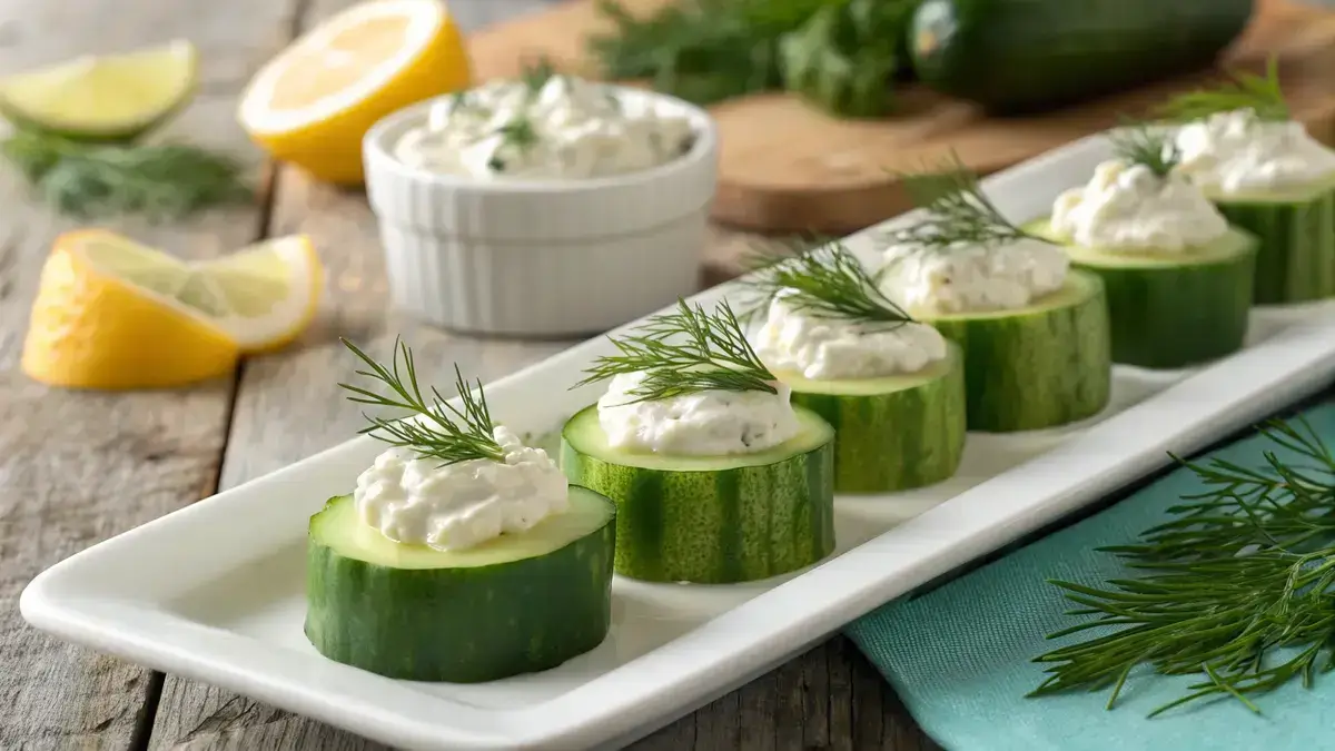 A platter of cucumber bites topped with cream cheese and dill.