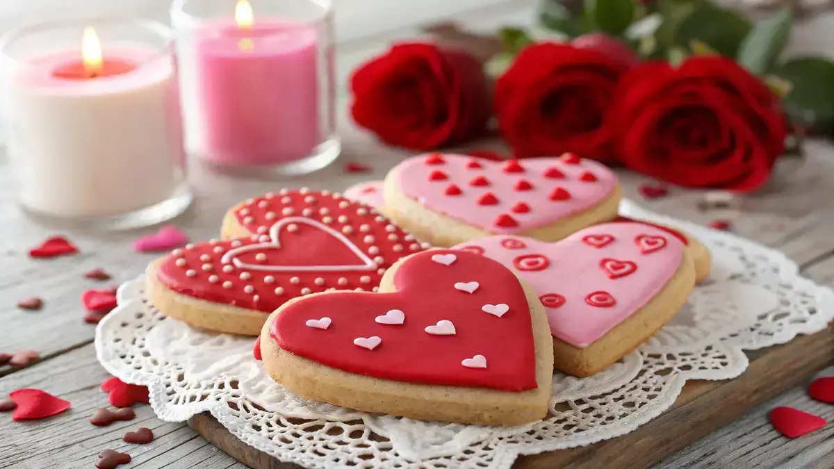 Heart-shaped VALENTINE COOKIES decorated with red and pink icing on a lace doily.