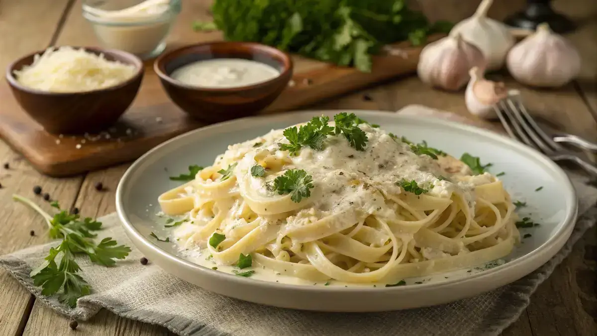 Homemade Alfredo sauce over pasta with parsley