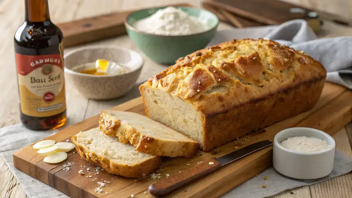 Freshly baked Beer Bread on a wooden cutting board with melted butter drizzled on top.