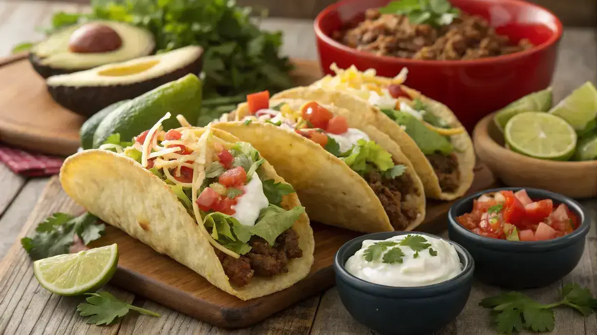 A plate of puffy tacos filled with ground beef and topped with fresh vegetables and sauces.