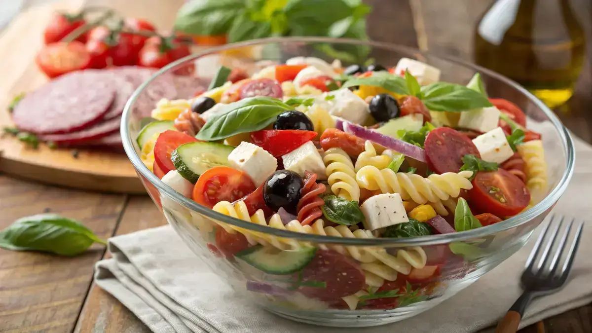 Italian pasta salad with fresh vegetables and herbs
