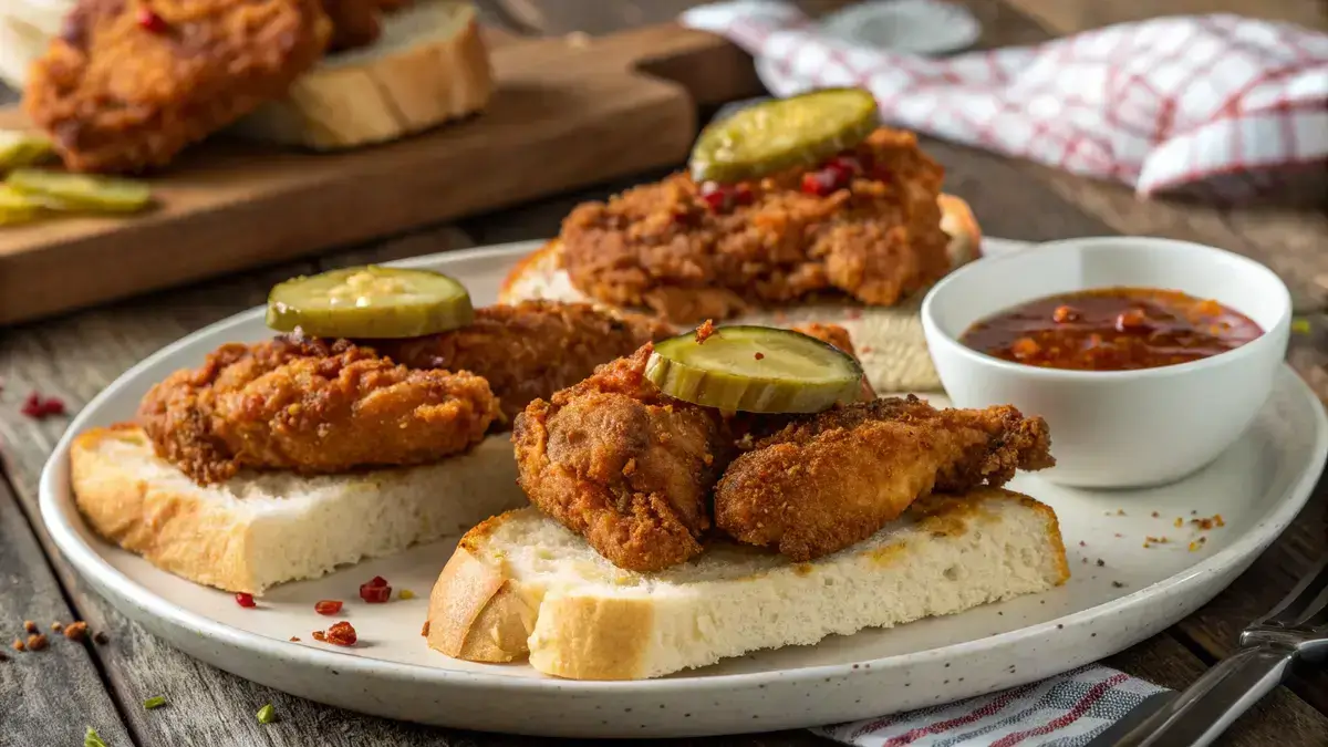 Plate of Nashville hot chicken served on white bread with pickles and spicy butter sauce.