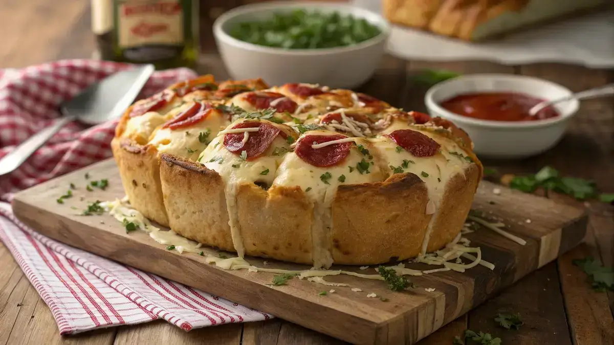 Pull Apart Pizza Bread with melted cheese and pepperoni, garnished with parsley.