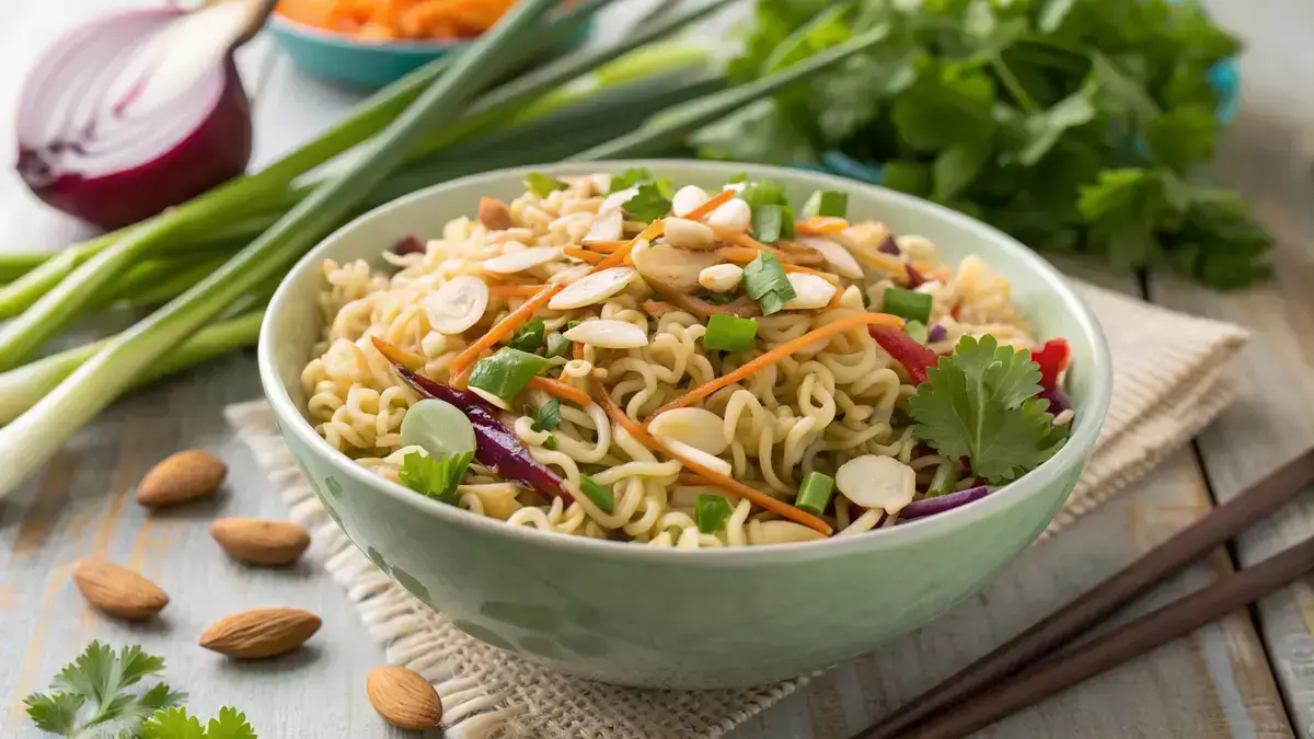 A colorful bowl of Ramen Noodle Salad with fresh vegetables and a glossy dressing.